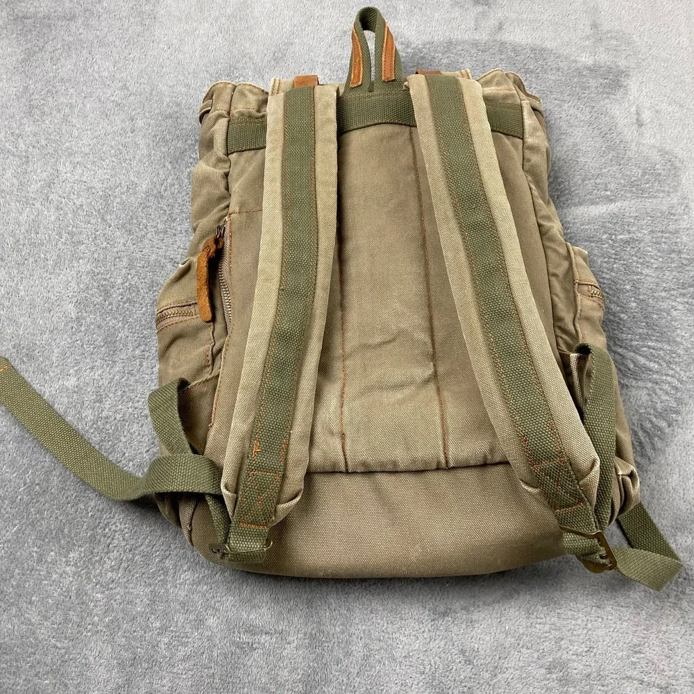 Aukmont Womens Large Backpack Olive Green Canvas Leather Straps Rucksack Vintage